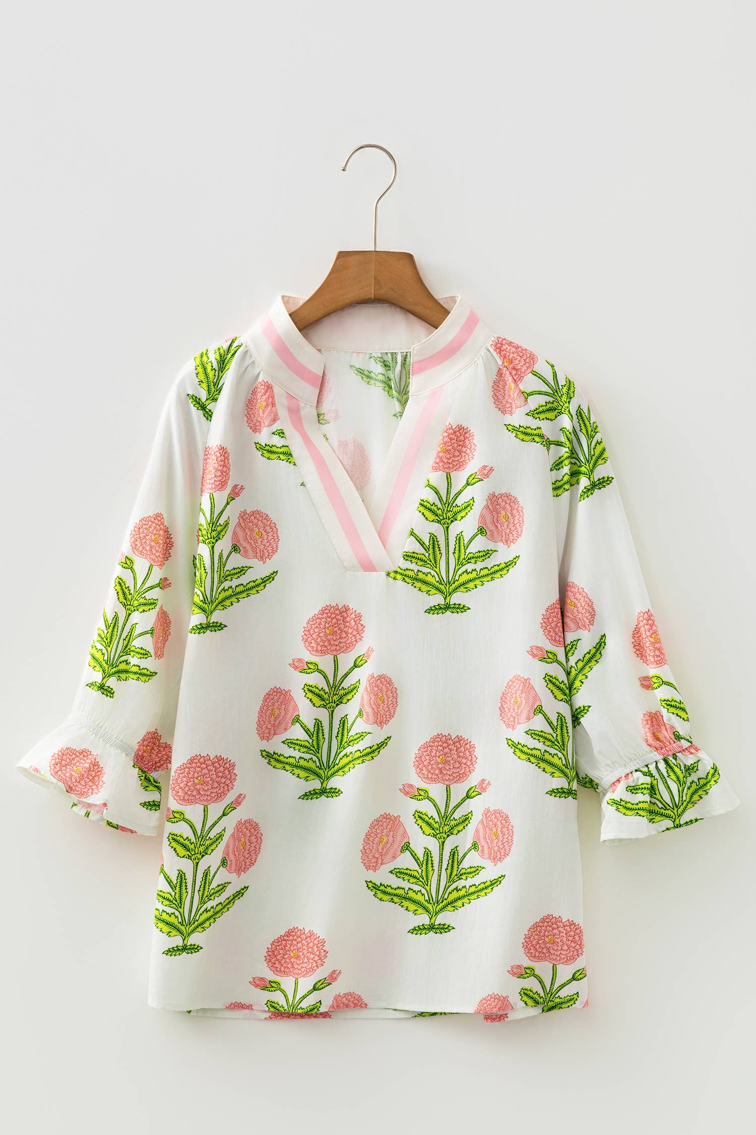 Spring Wild Flower Print V Neck 3/4 Sleeve Blouse