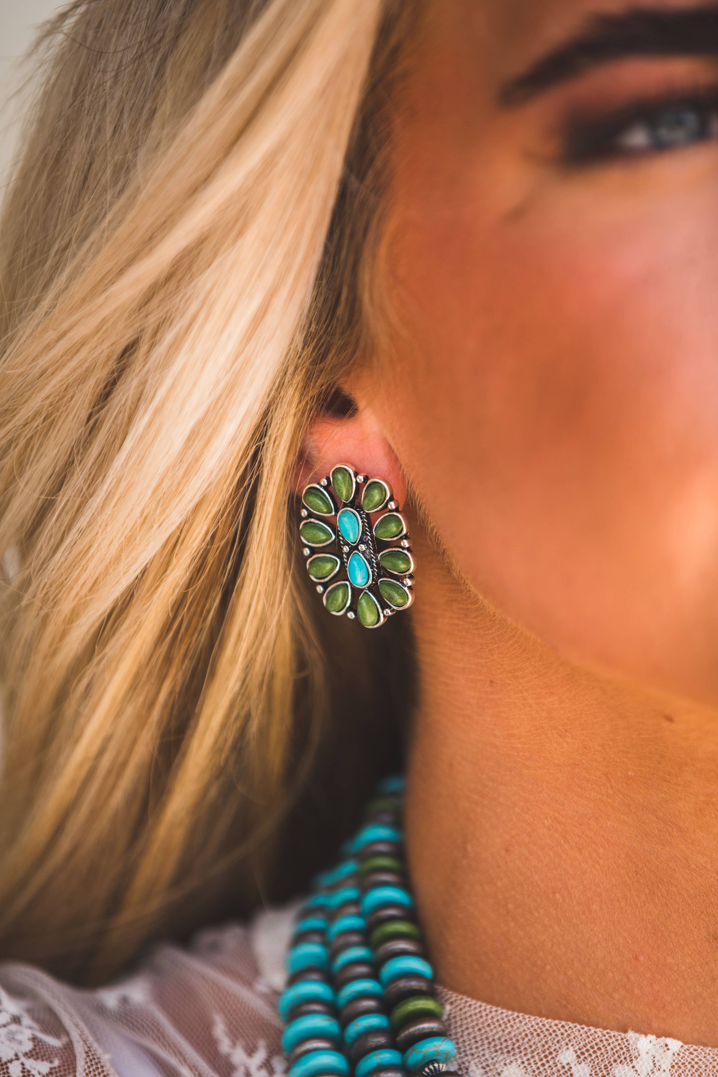 1.25" Turquoise and Green Oval Cluster Post Earring