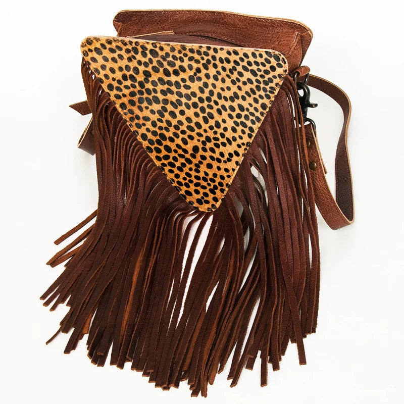 American Darling Western Leather Cross body Bag with Hair-On Cowhide and Long Fringes