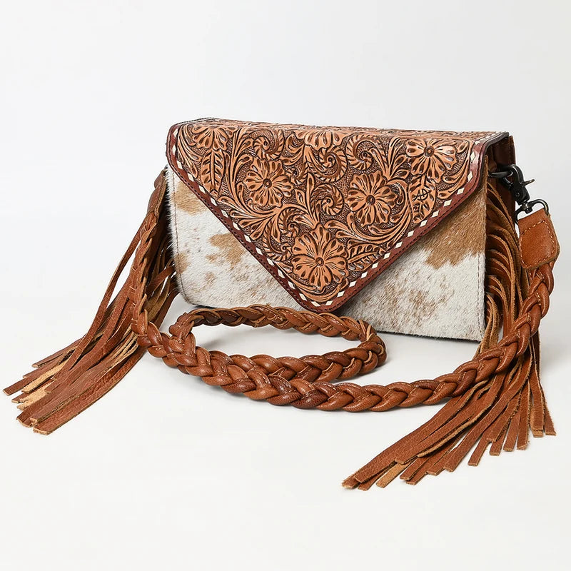 American Darling Western Hand-Tooled Floral Envelop Bag with Hair-On Cowhide and Braided Strap