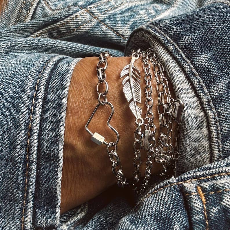 Stainless Steel Chain Bracelet with a Heart Carabiner Center Charm
