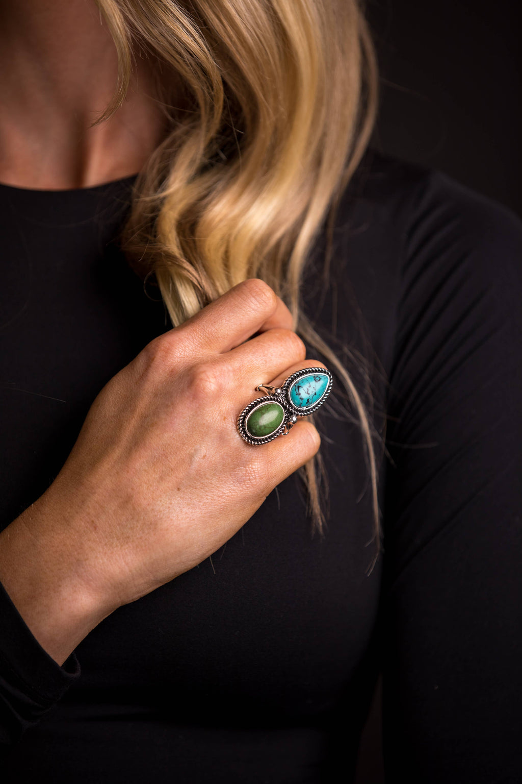Green Teardrop and Oval Two Stone Ring