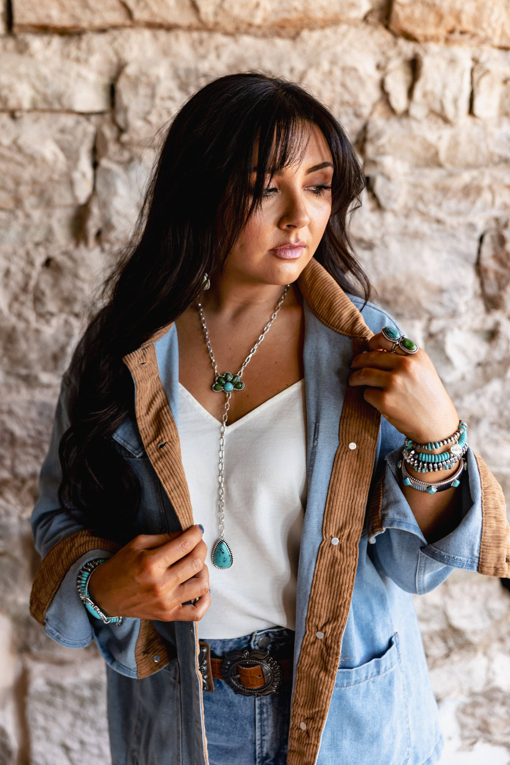 Turquoise & Green Half Flower Y Necklace