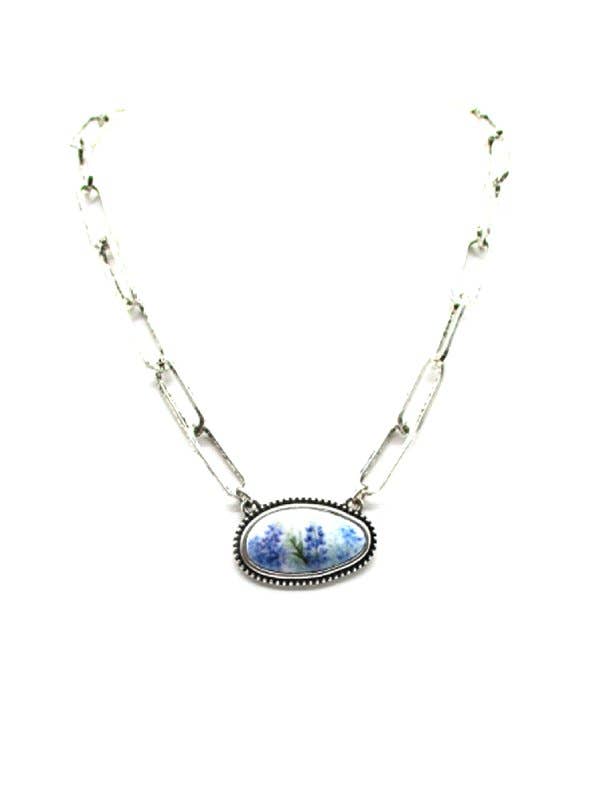 Western Oval Texas Bluebonnet Pendant Necklace