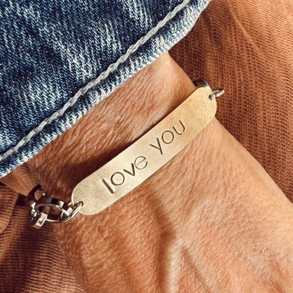 Mixed Metal Hand Stamped Love You Bracelet 