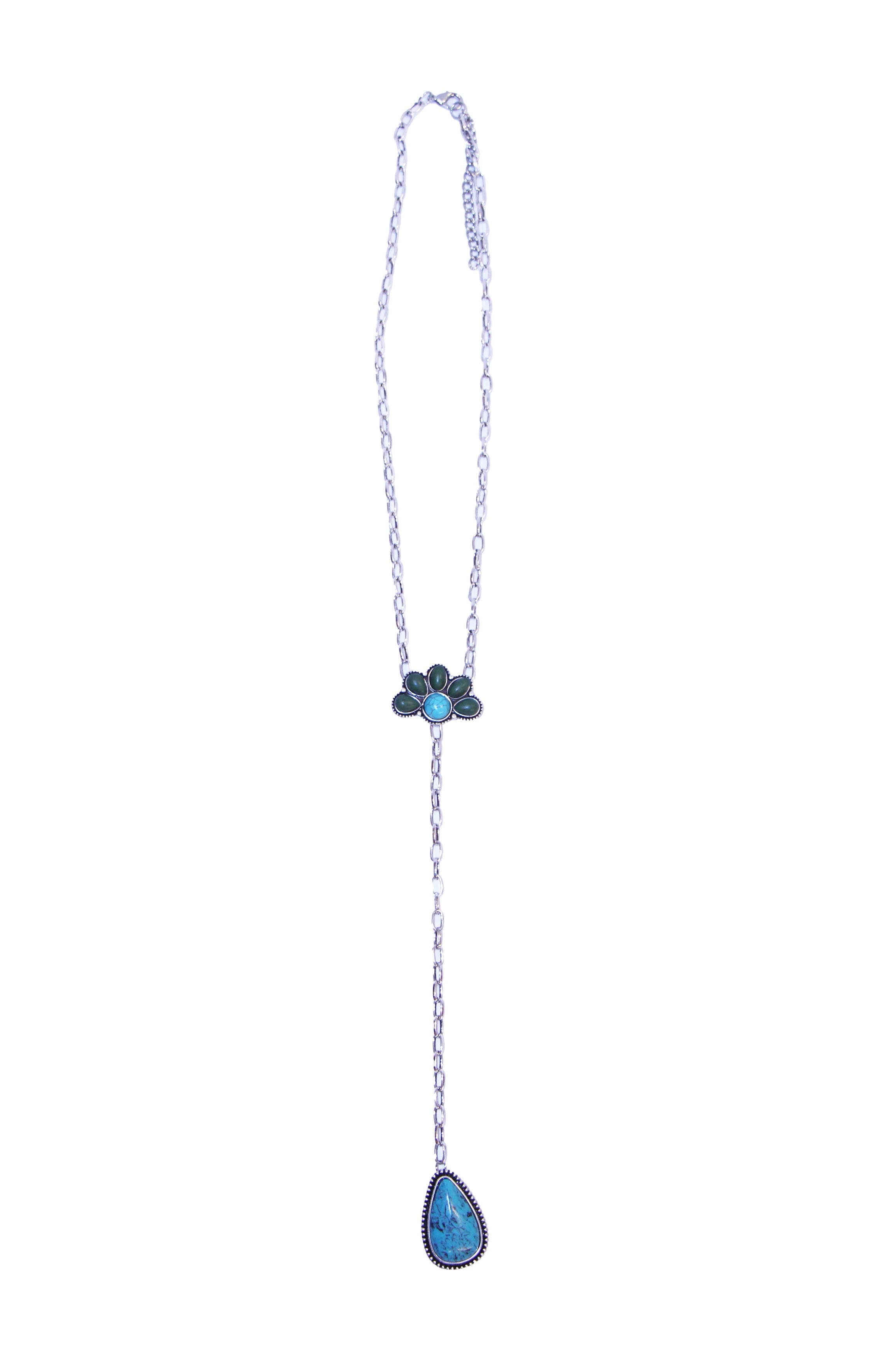 Turquoise & Green Half Flower Y Necklace