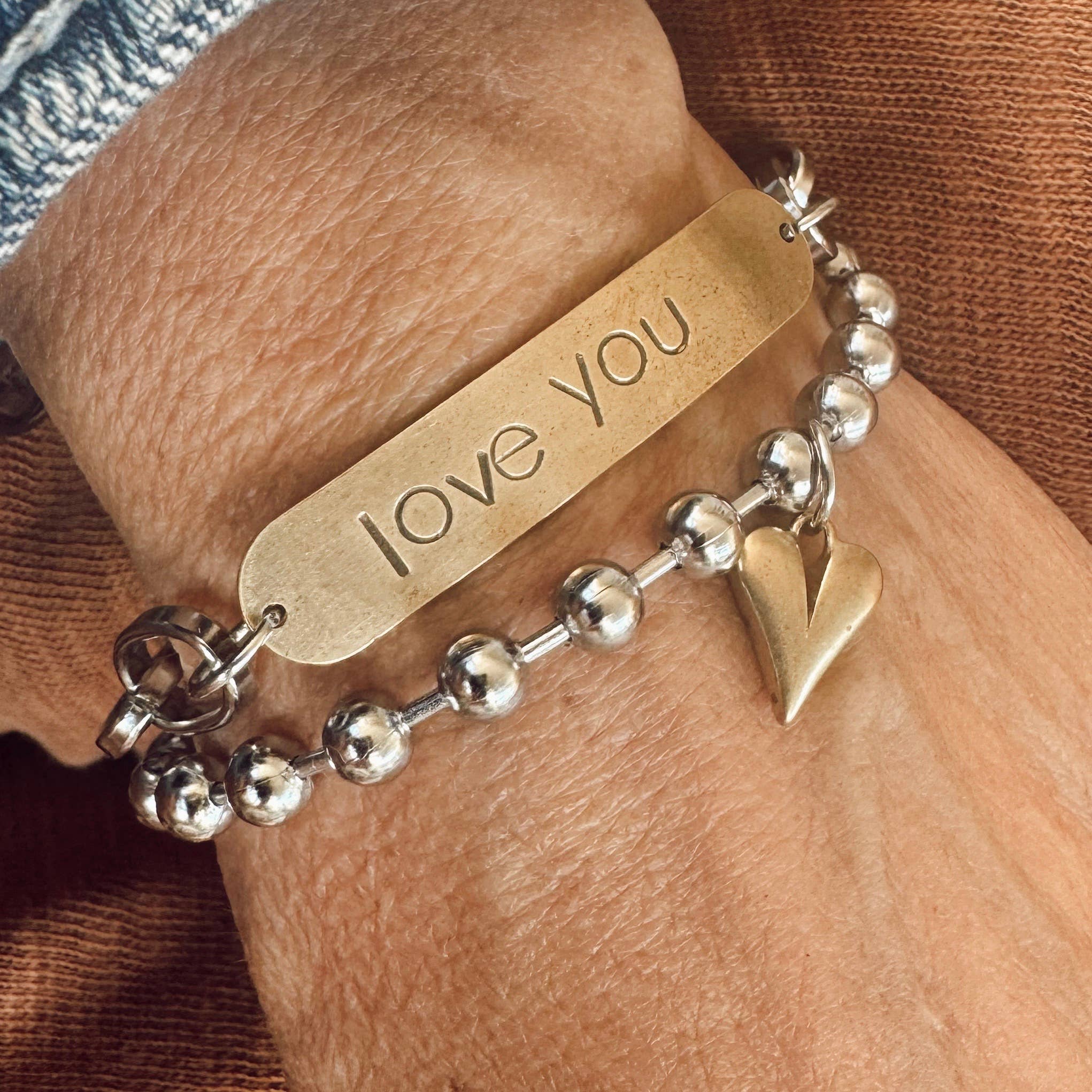 Mixed Metal Hand Stamped Love You Bracelet 