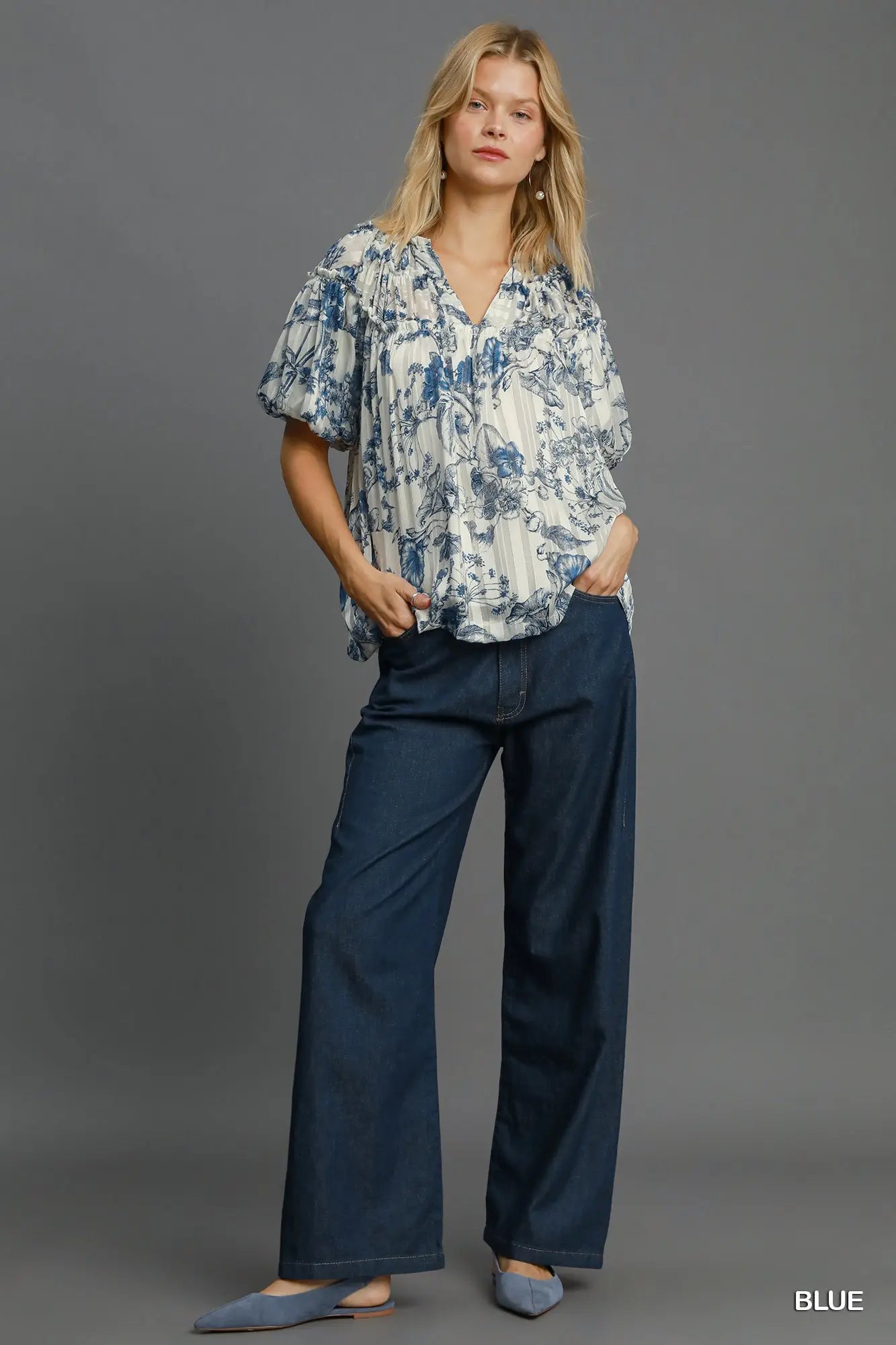 Floral Print Metallic Ruffle Top