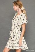 Ribbon Print Mini Dress with Belt Tie