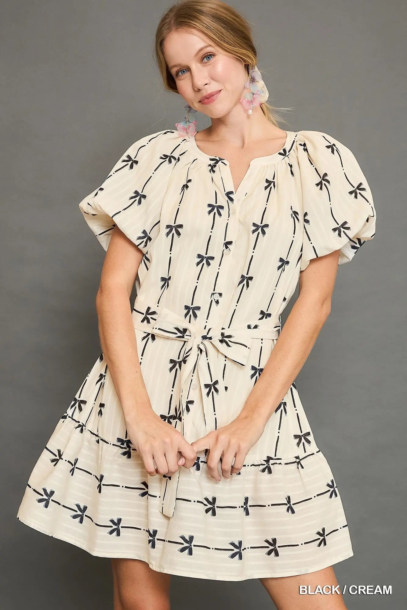 Ribbon Print Mini Dress with Belt Tie