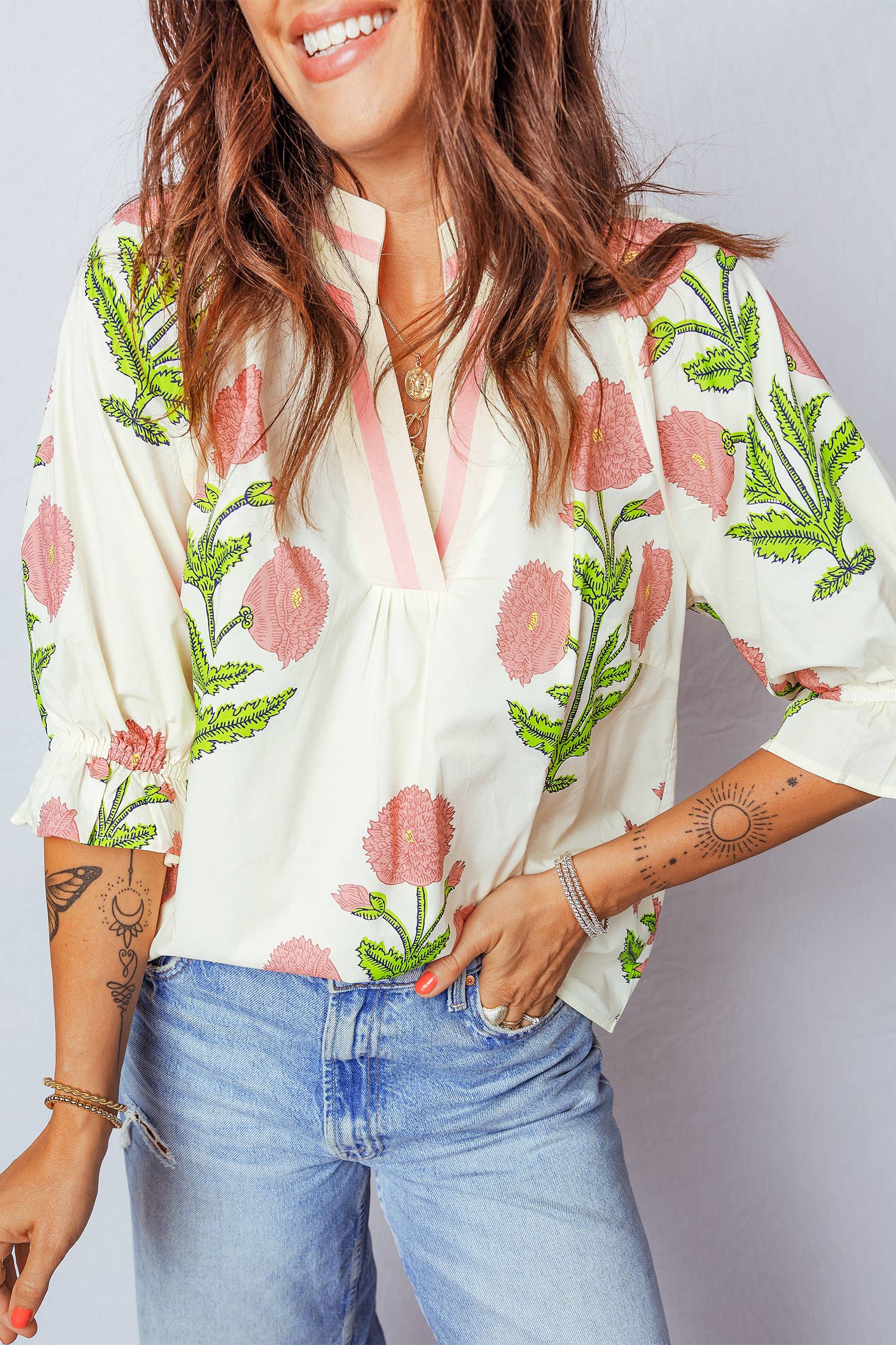 Spring Wild Flower Print V Neck 3/4 Sleeve Blouse