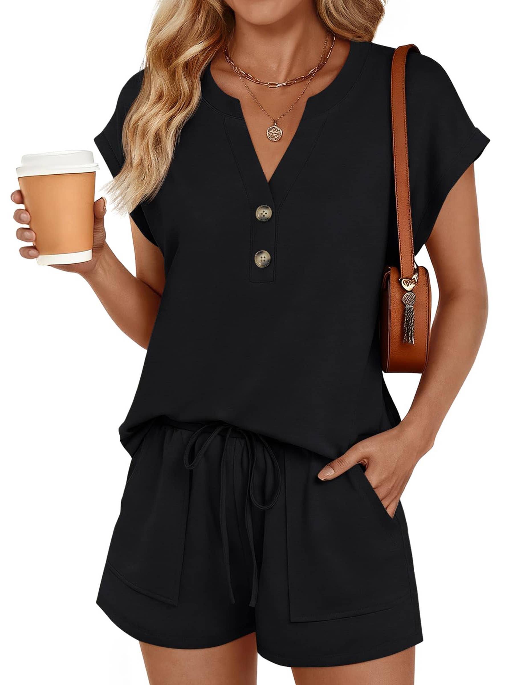Solid Color V-Neck Button Short Sleeve Top & Shorts Set