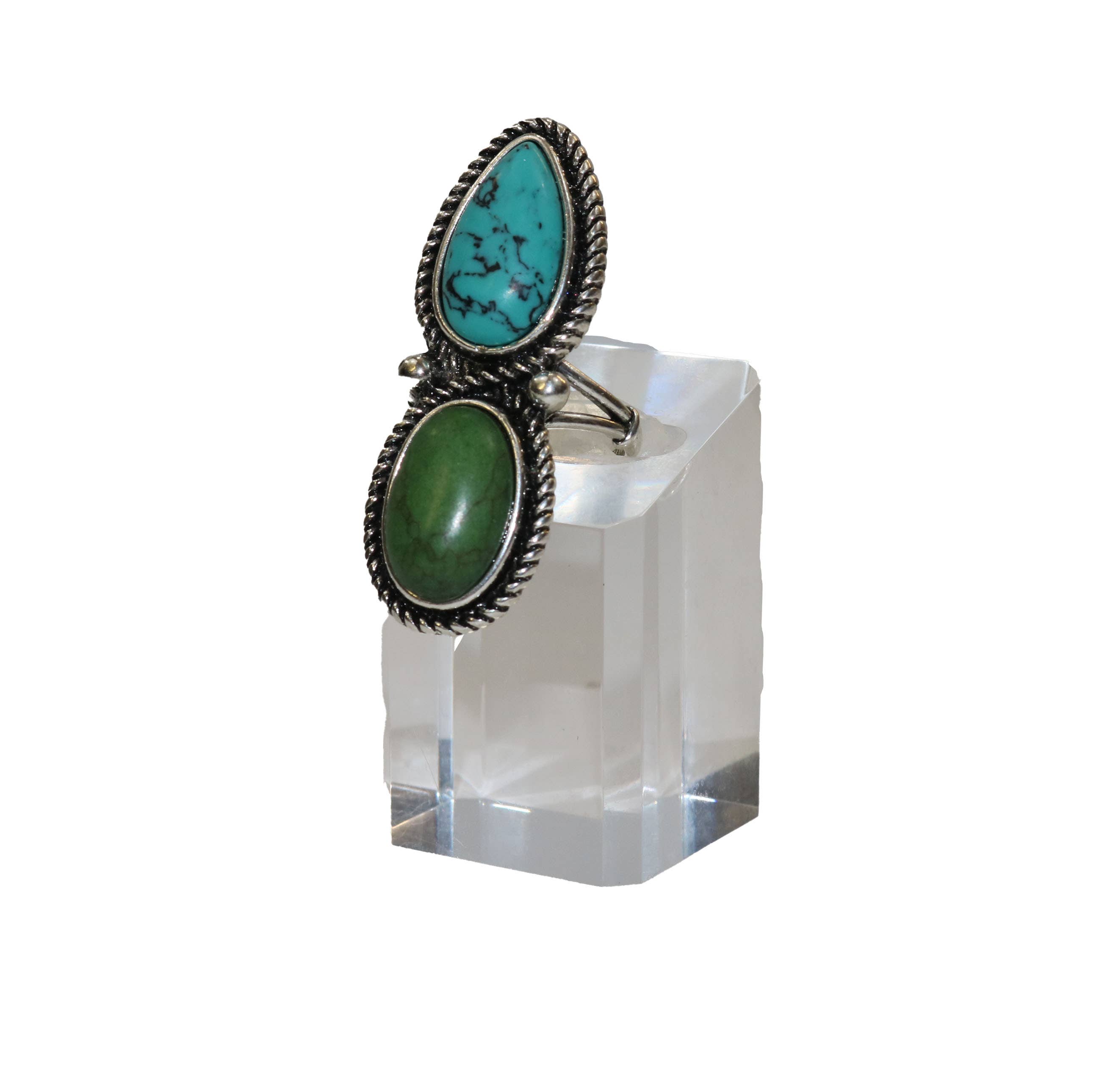 Green Teardrop and Oval Two Stone Ring