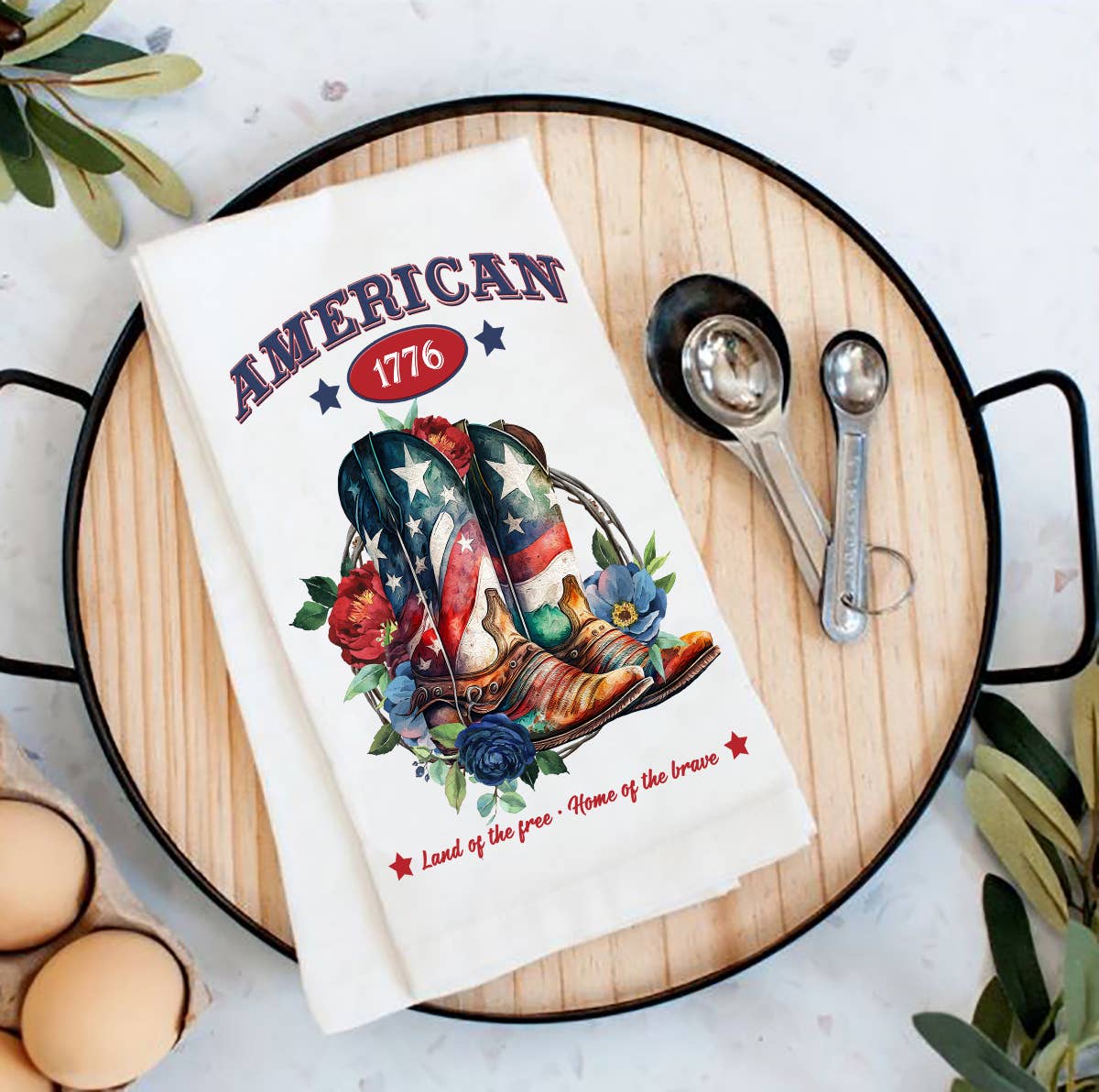 American Patriotic Western Cowboy Boots Cotton Tea Towel