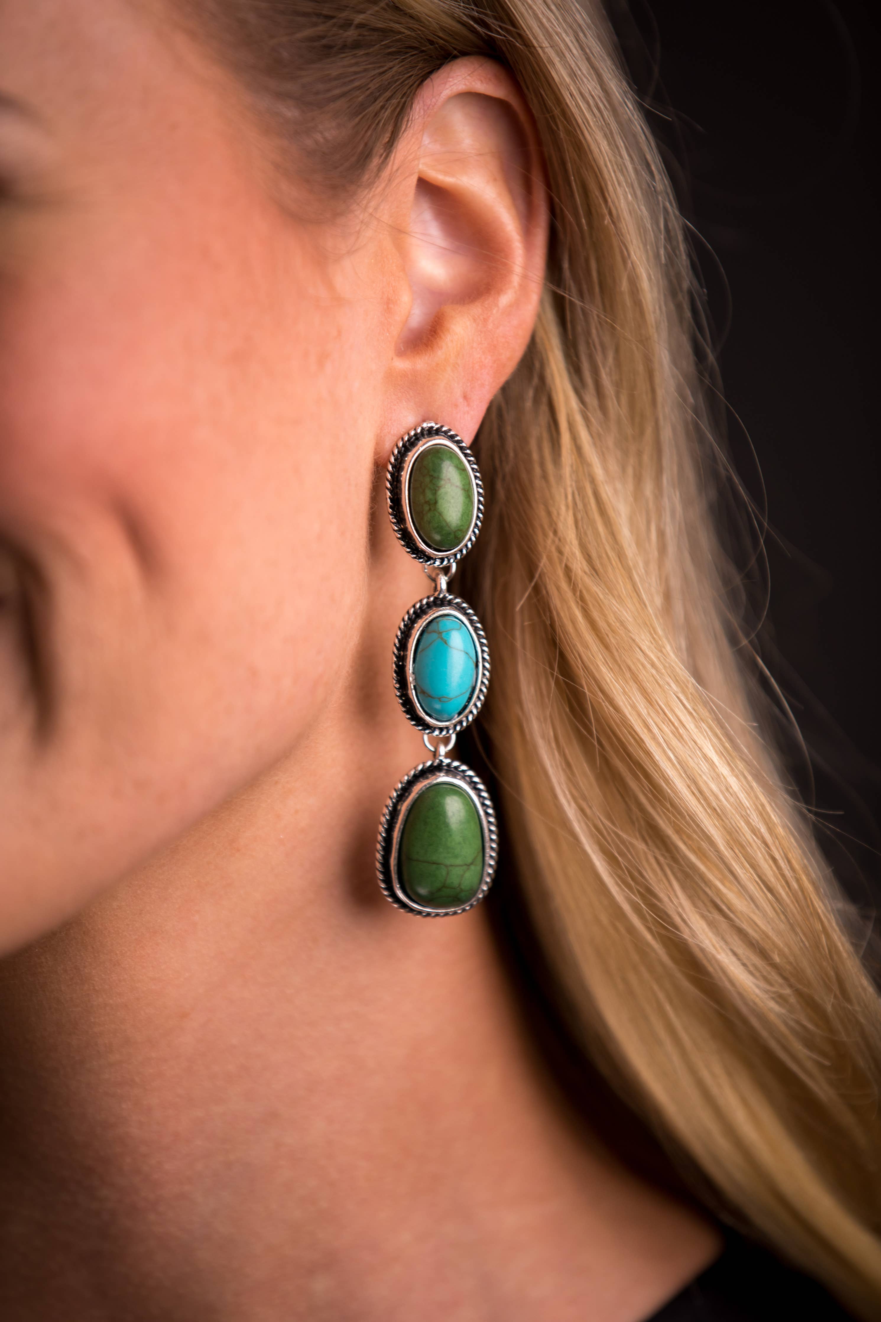 3" Burnished Silver Turquoise and Green 3 Tier Post Earrings