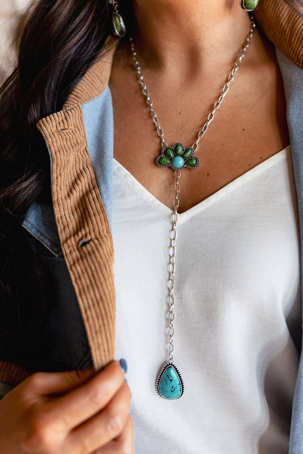 Turquoise & Green Half Flower Y Necklace