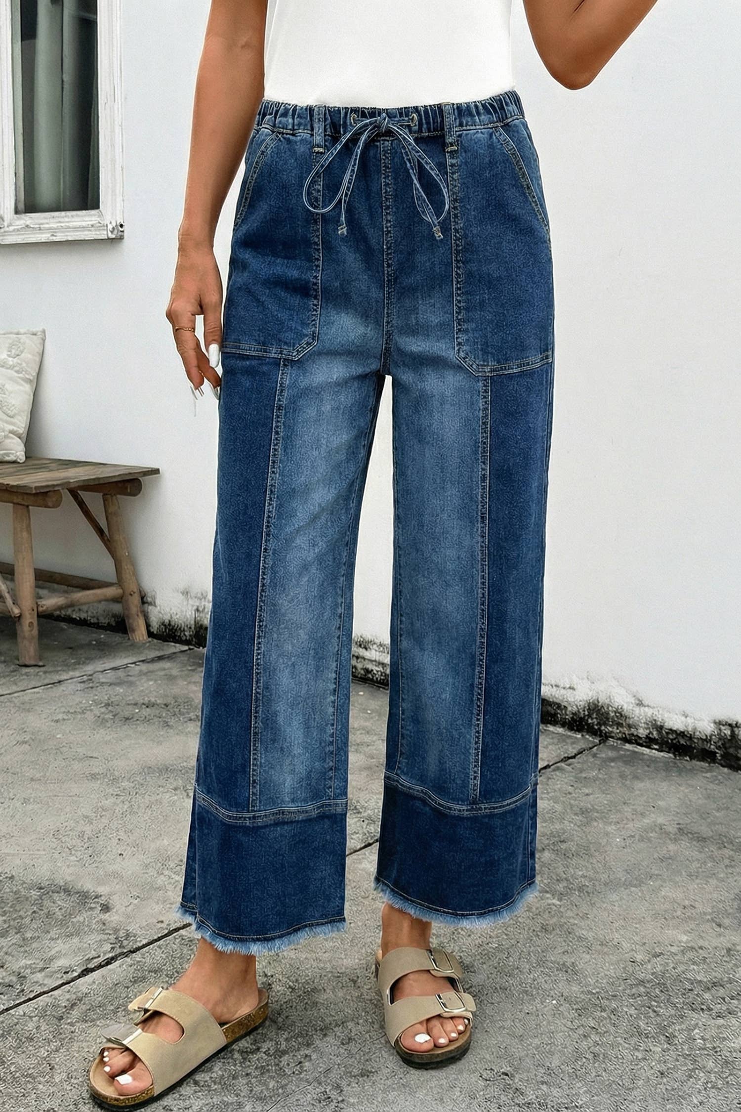 Drawstring Seam Detail Raw Hem Wide Leg Denim Pants