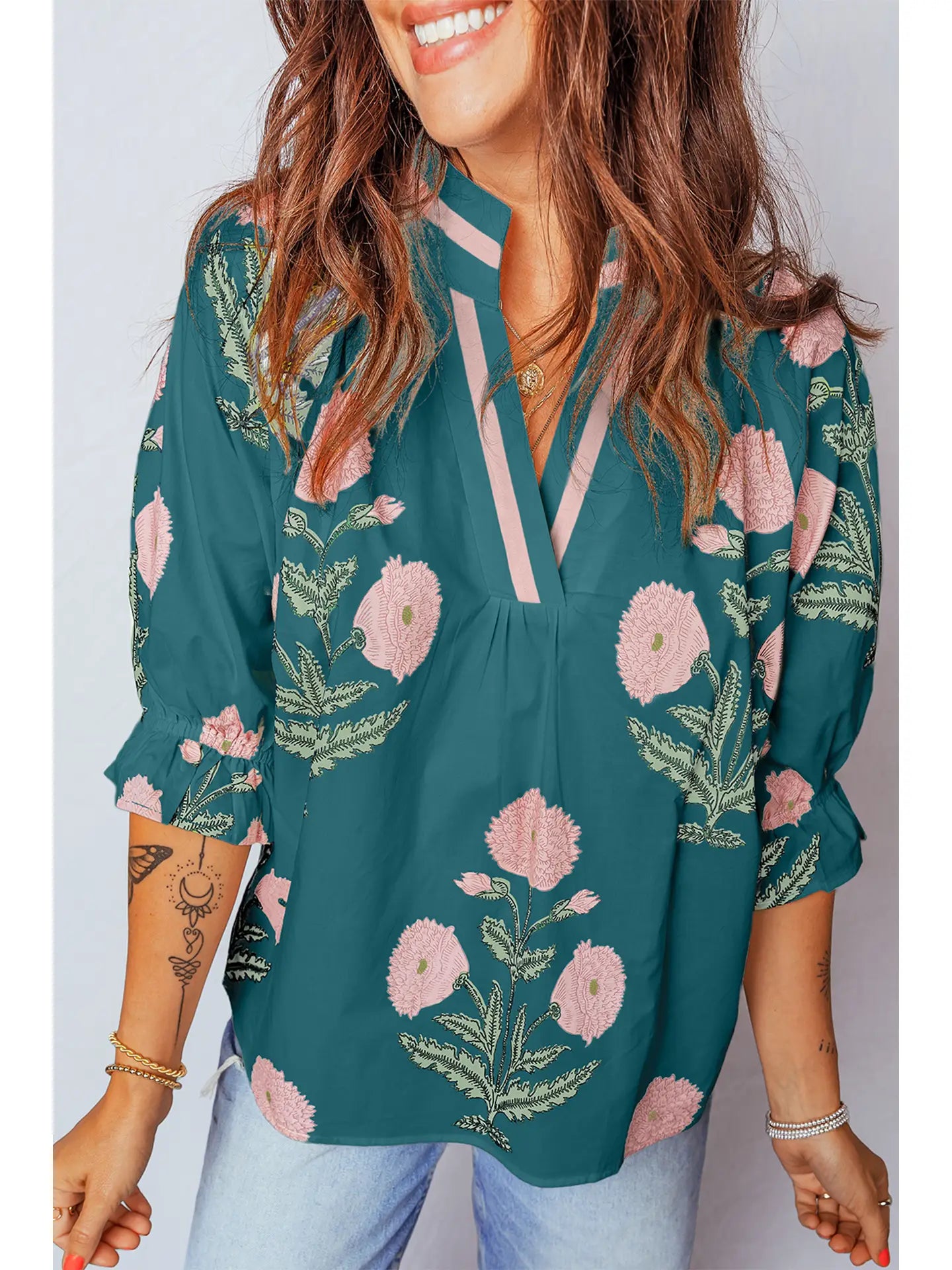 Spring Wild Flower Print V Neck 3/4 Sleeve Blouse