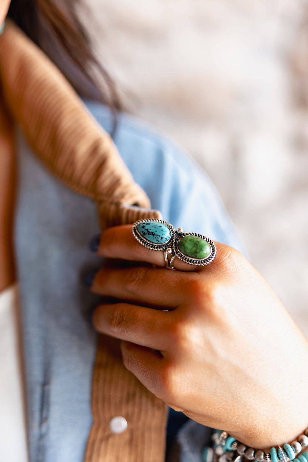 Green Teardrop and Oval Two Stone Ring