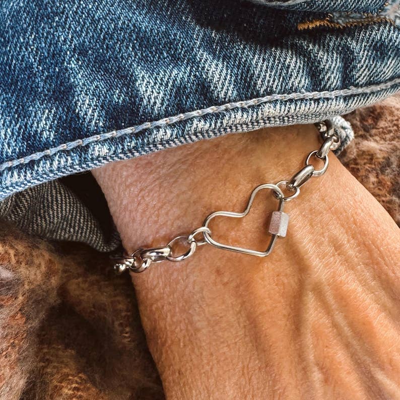 Stainless Steel Chain Bracelet with a Heart Carabiner Center Charm