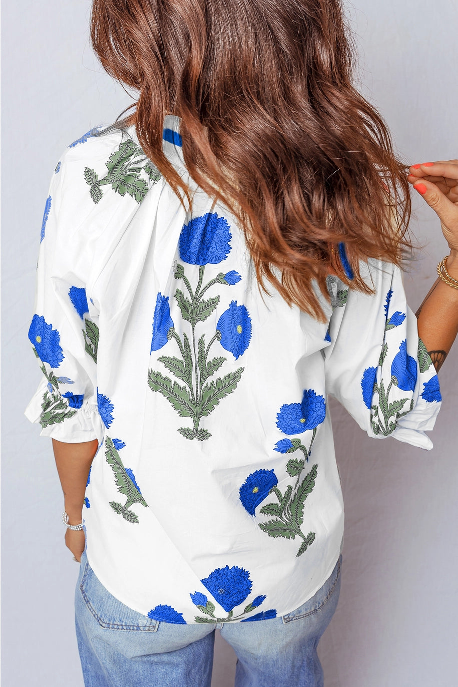 Spring Wild Flower Print V Neck 3/4 Sleeve Blouse