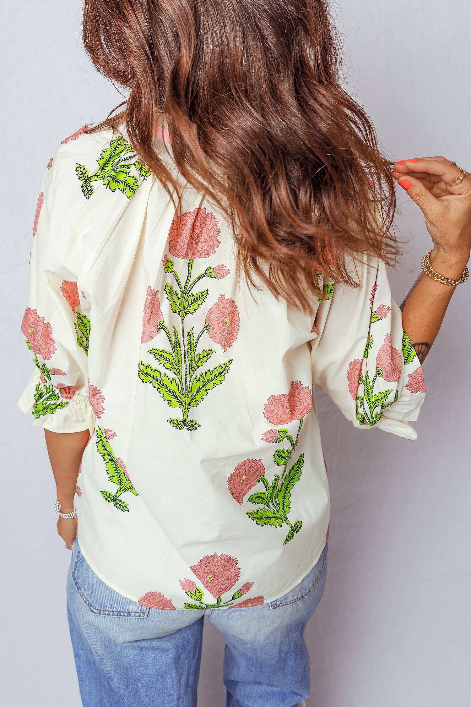 Spring Wild Flower Print V Neck 3/4 Sleeve Blouse