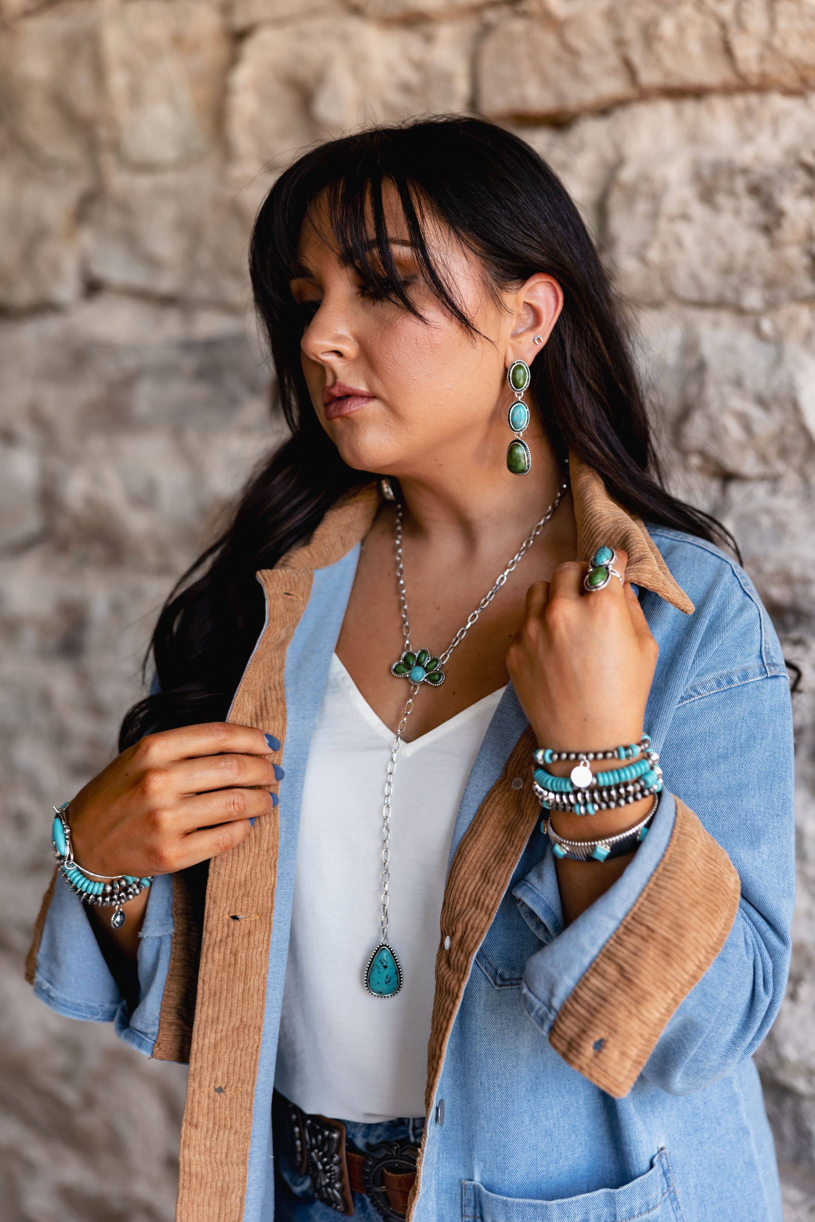 3" Burnished Silver Turquoise and Green 3 Tier Post Earrings