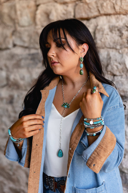 3" Burnished Silver Turquoise and Green 3 Tier Post Earrings