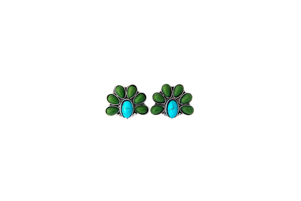 1" Turquoise and Green Half Flower Post Earring