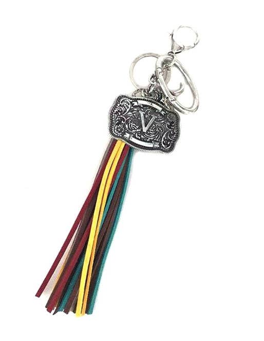 Western Belt Buckle Initial Multi Color Tassel Keychain