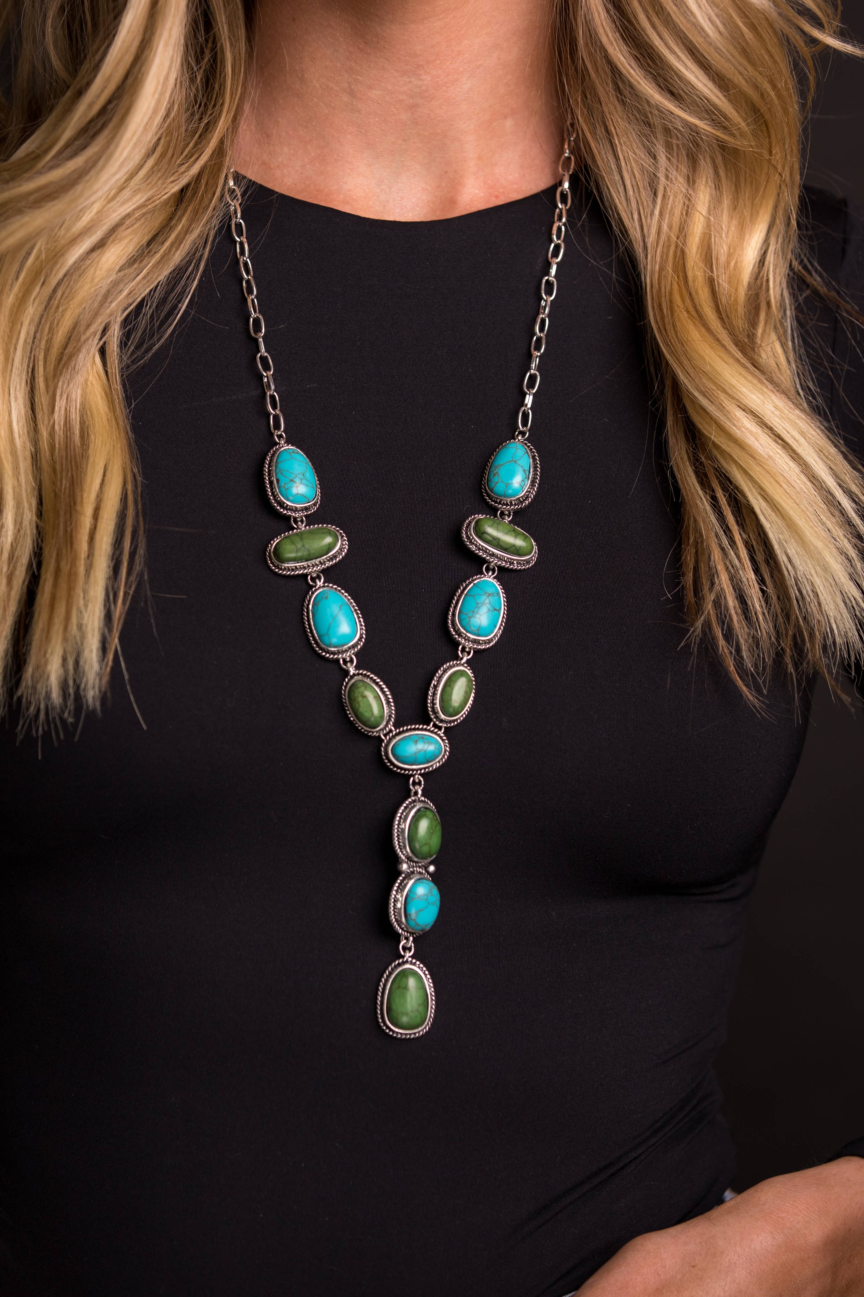 27" Turquoise and Green Lariat Style Necklace