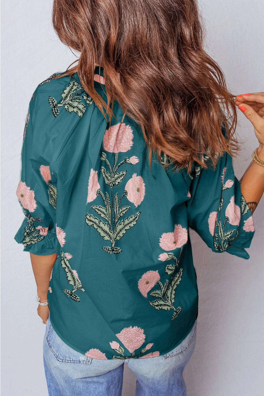 Spring Wild Flower Print V Neck 3/4 Sleeve Blouse