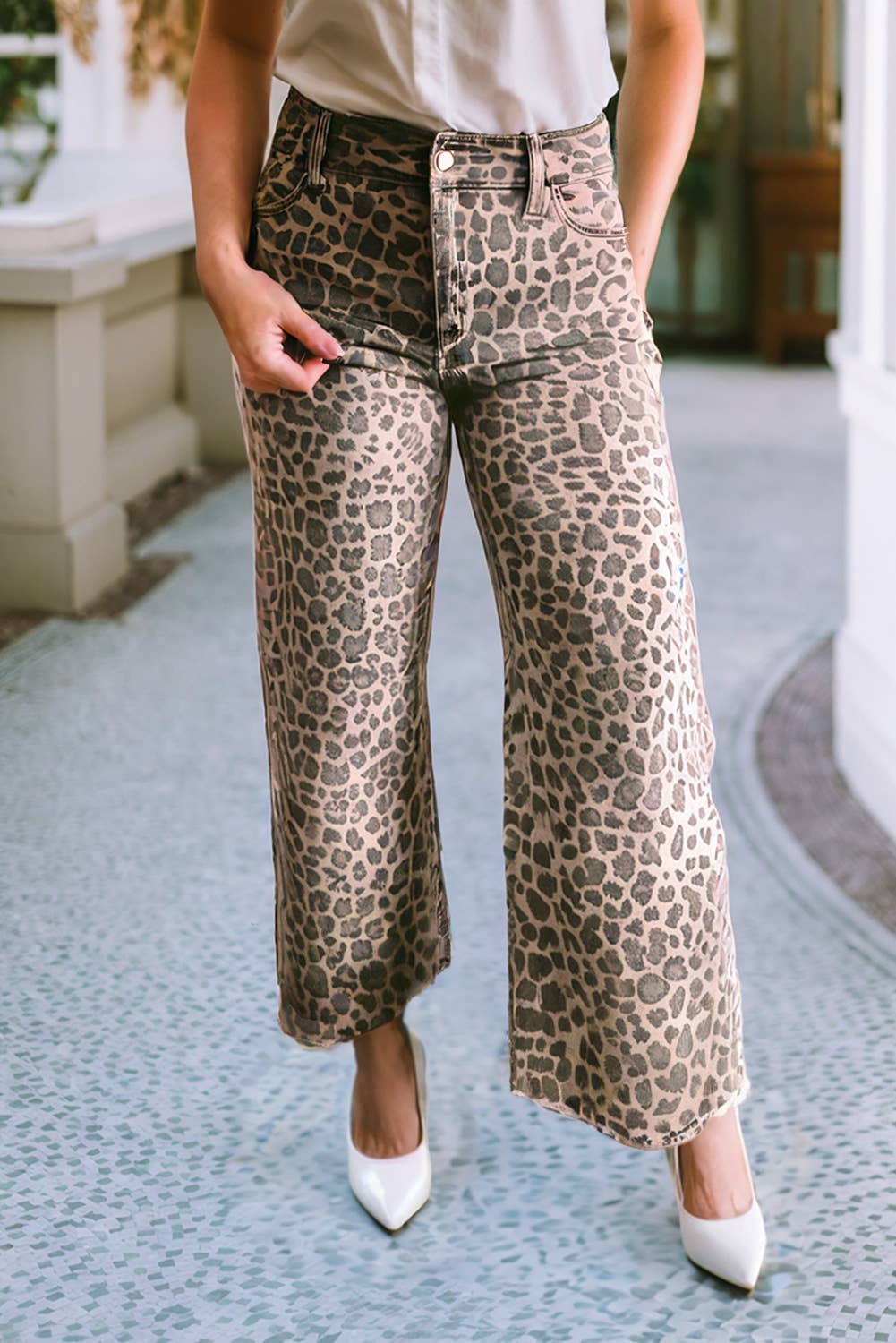 LDC Spring Leopard Frayed Edge Wide Leg High Waist Jeans