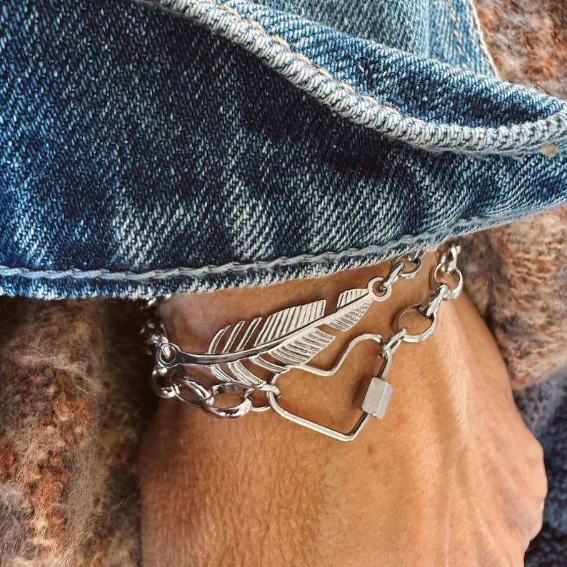 Stainless Steel Chain Bracelet with a Heart Carabiner Center Charm