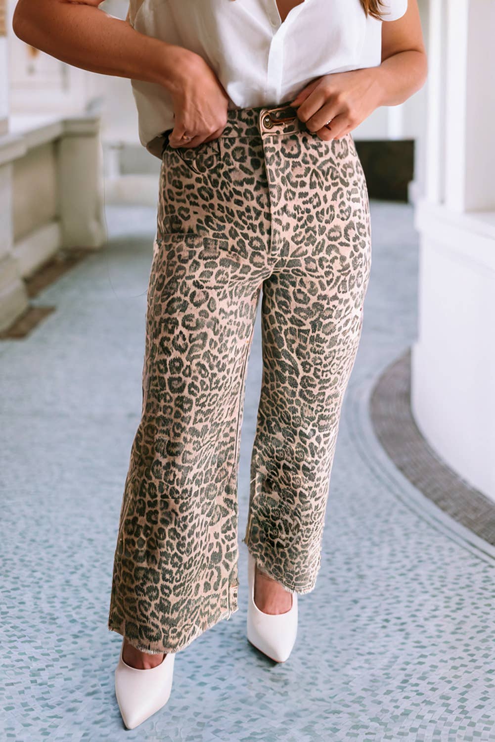 LDC Spring Leopard Frayed Edge Wide Leg High Waist Jeans