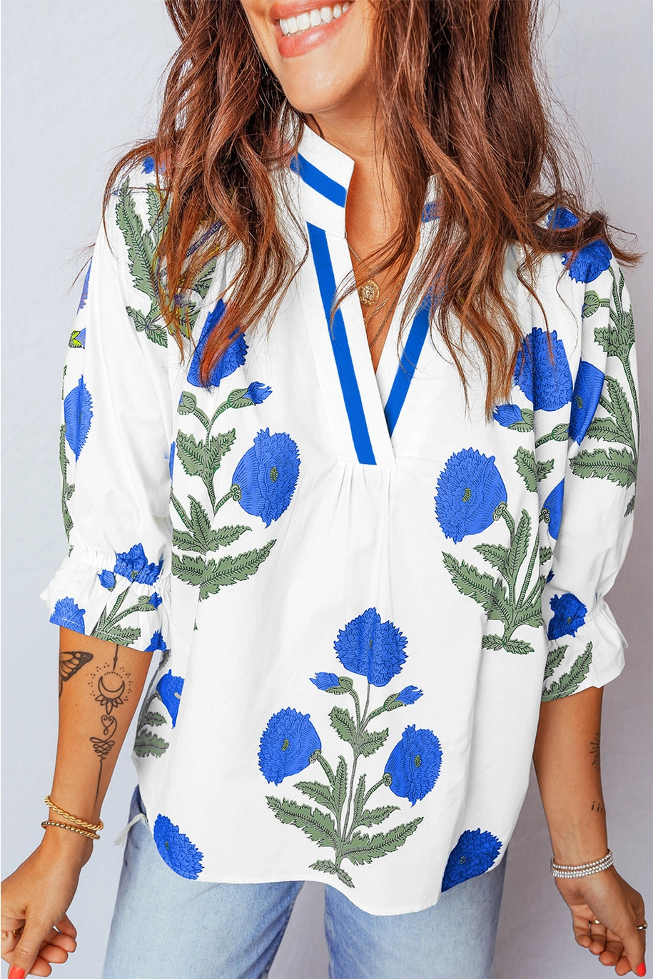 Spring Wild Flower Print V Neck 3/4 Sleeve Blouse