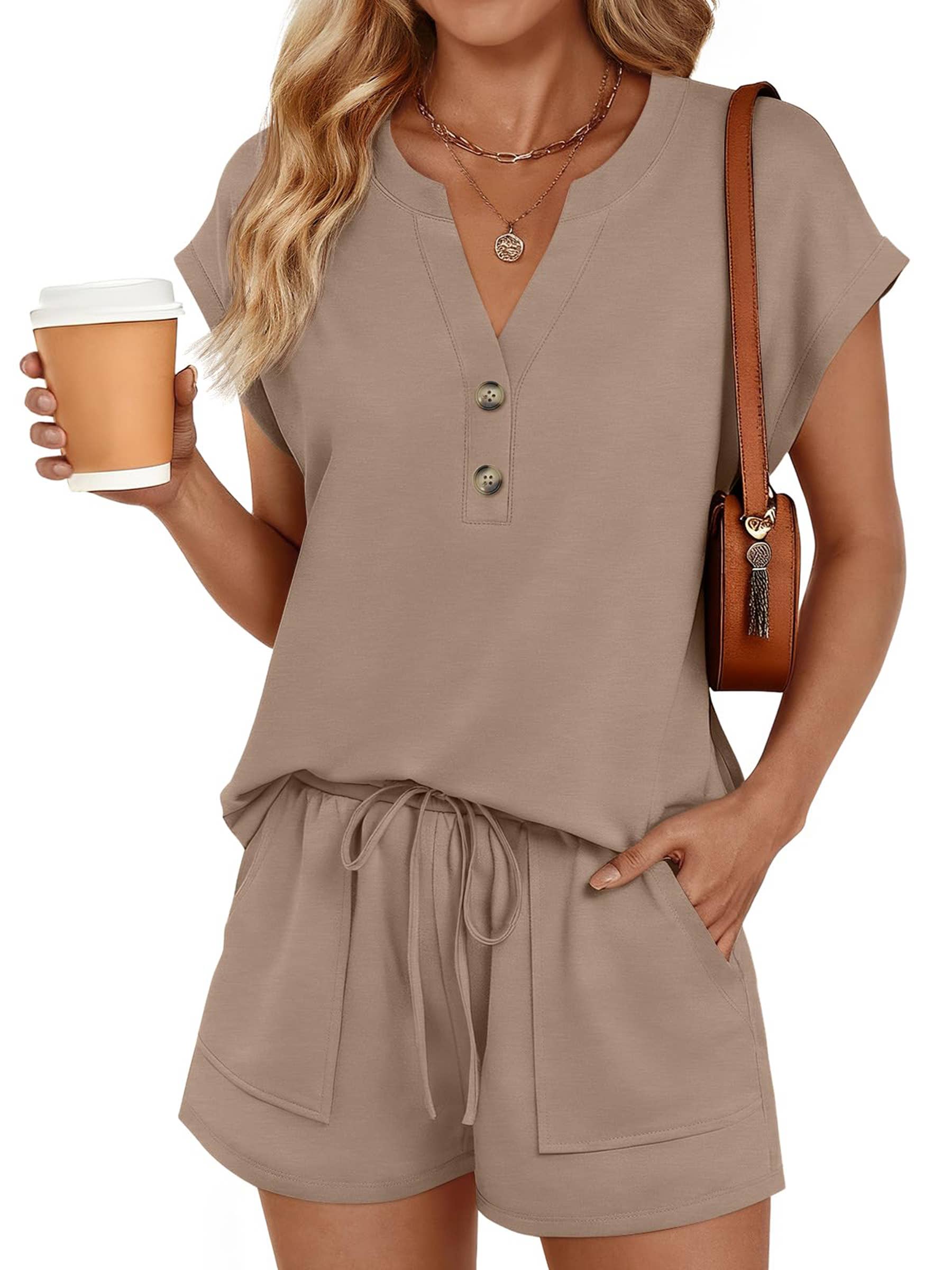 Solid Color V-Neck Button Short Sleeve Top & Shorts Set