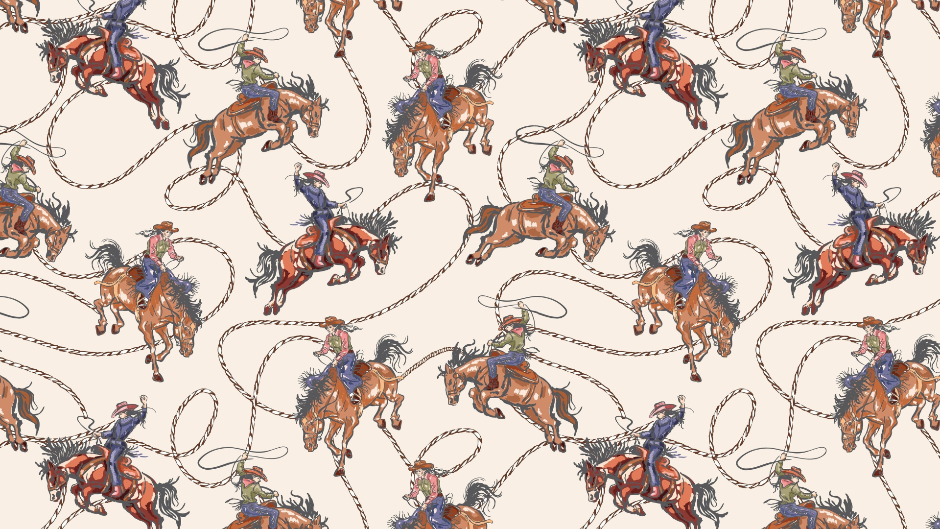 Silk Twilly Scarf w/ Bucking Cowgirls & Rope Pattern