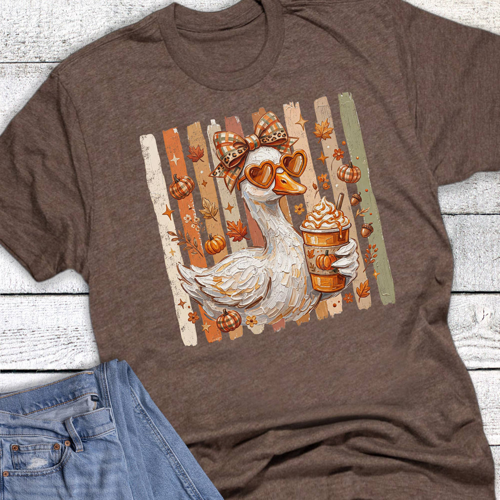 Fall Faux Paint Goose With Coffee Graphic Tee
