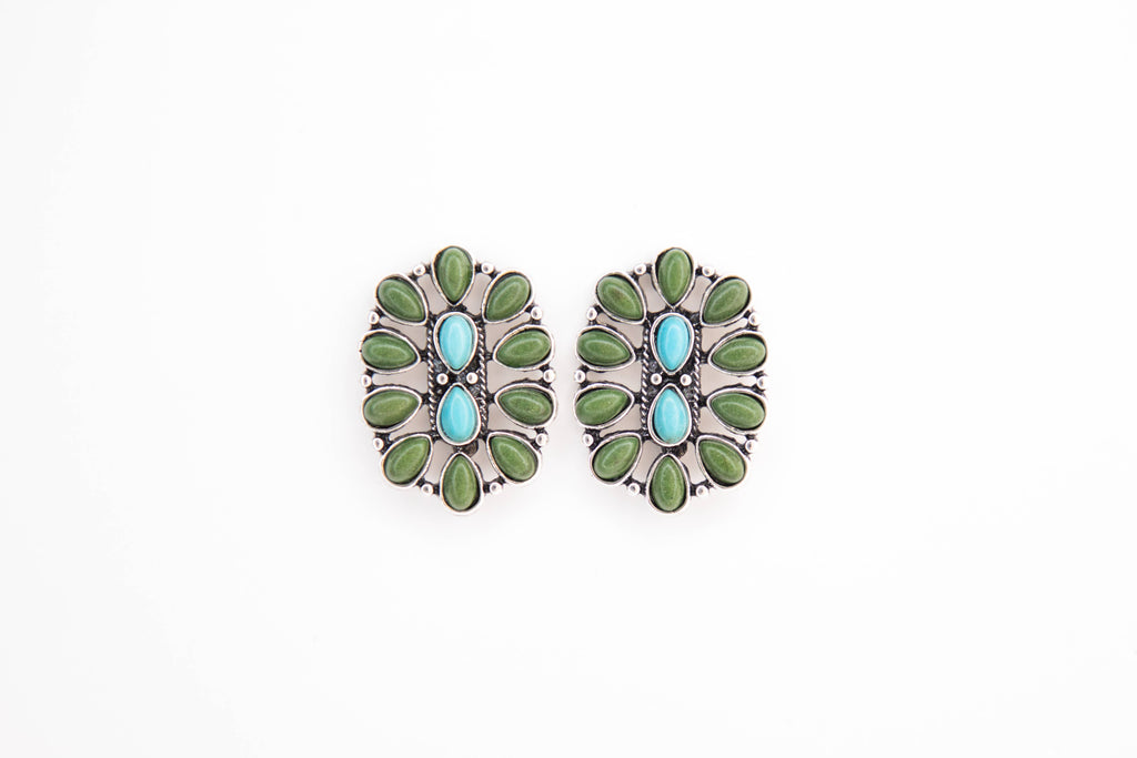 1.25" Turquoise and Green Oval Cluster Post Earring