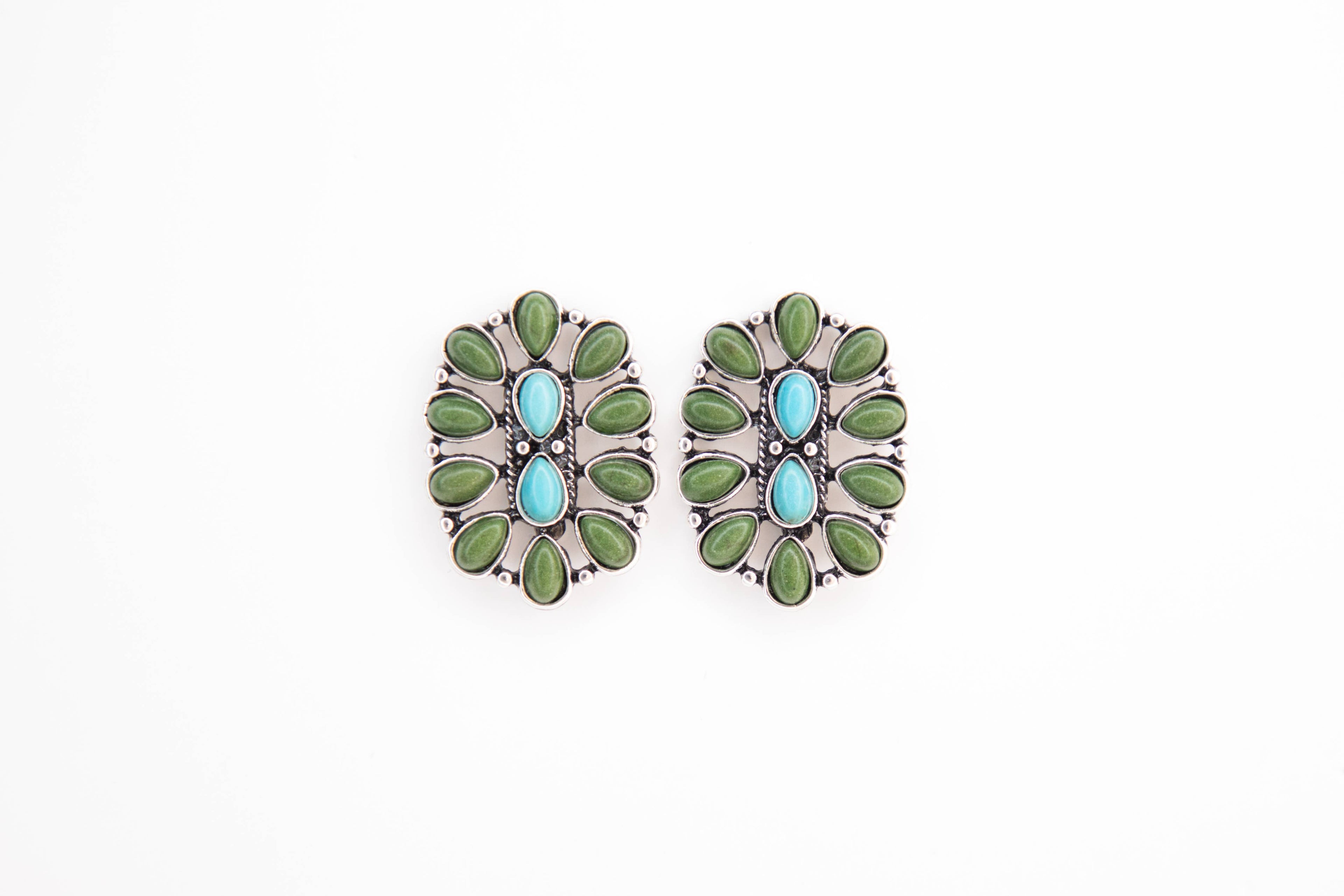 1.25" Turquoise and Green Oval Cluster Post Earring