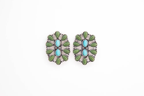 1.25" Turquoise and Green Oval Cluster Post Earring
