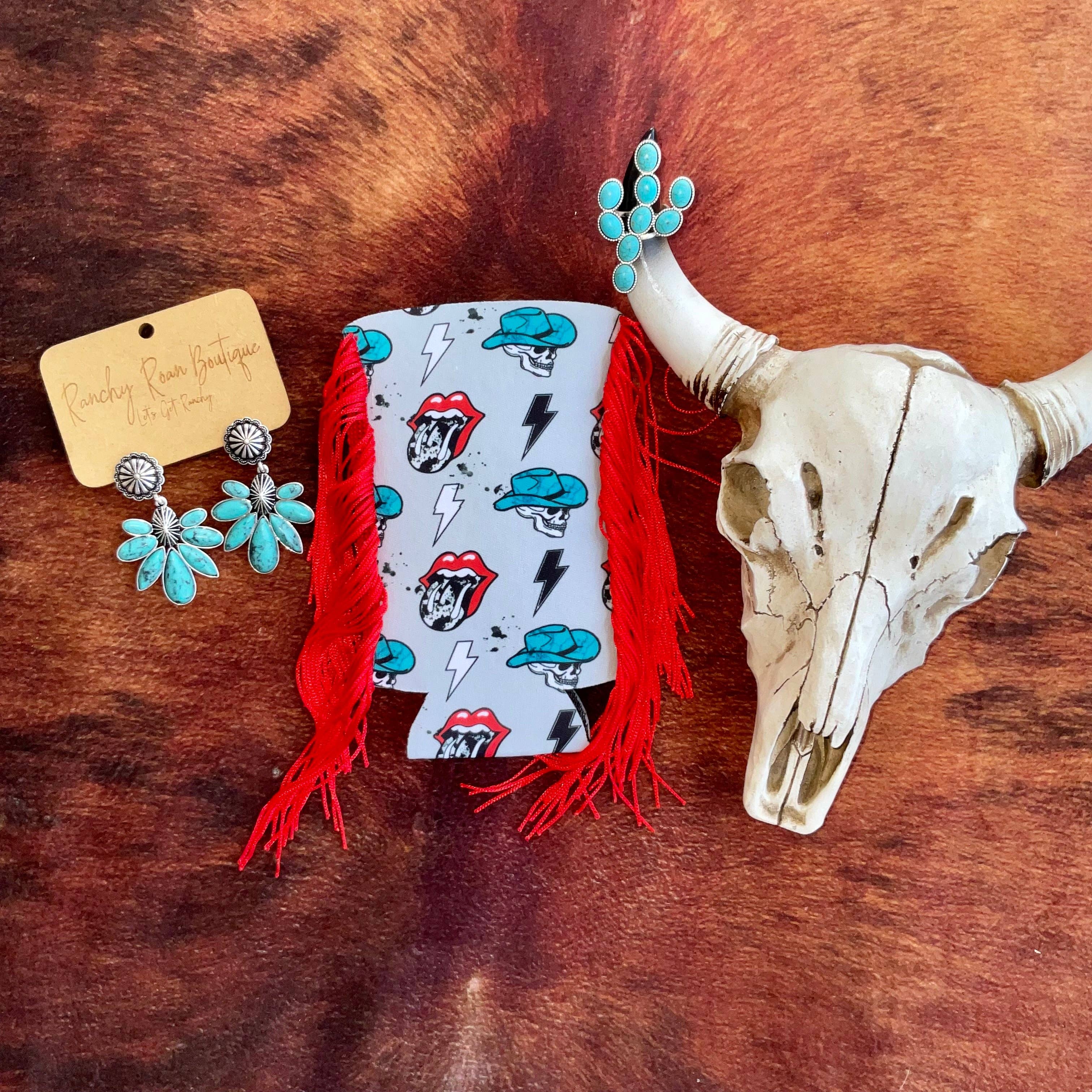 Distressed Turquoises Cowboy Skelly Fringe Slim Koozie