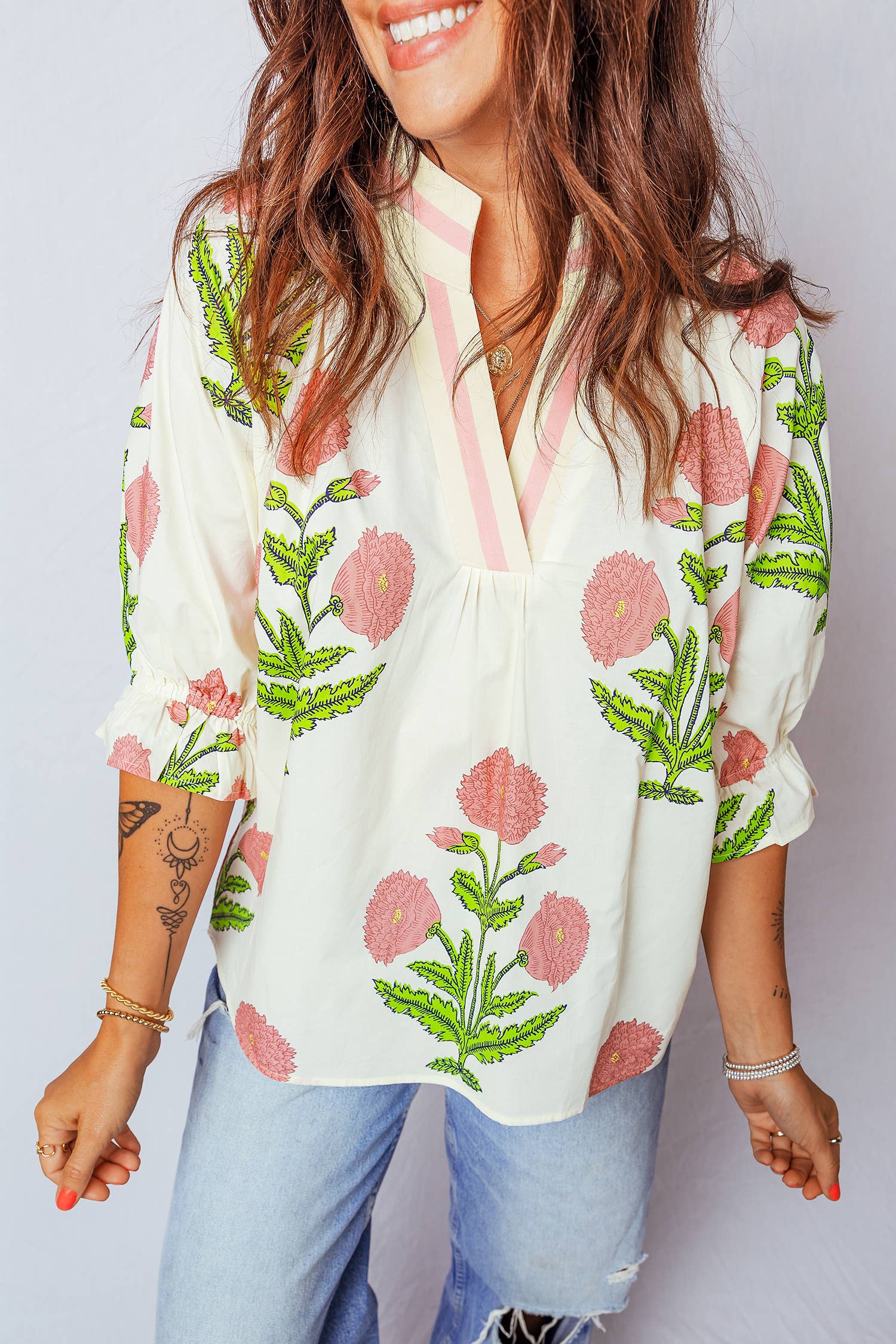 Spring Wild Flower Print V Neck 3/4 Sleeve Blouse