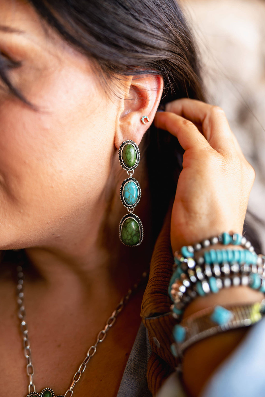 3" Burnished Silver Turquoise and Green 3 Tier Post Earrings