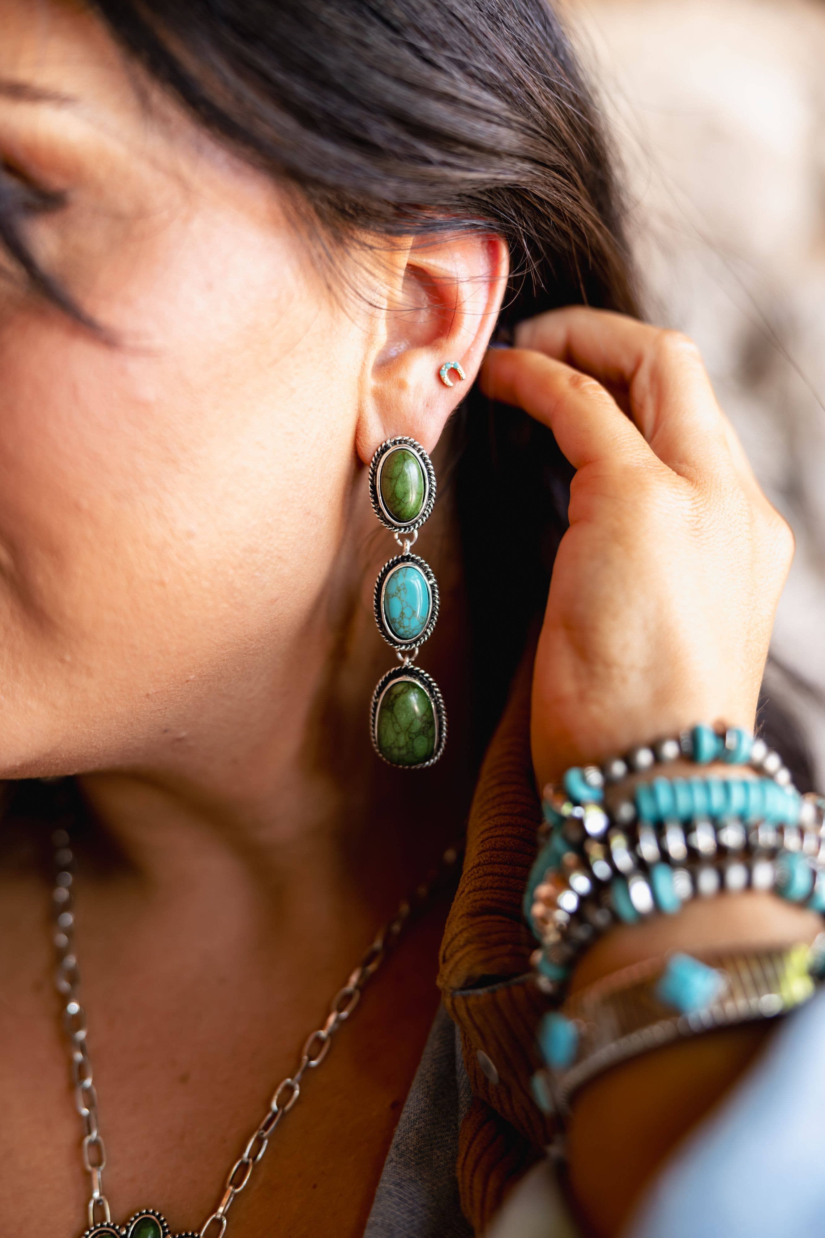 3" Burnished Silver Turquoise and Green 3 Tier Post Earrings